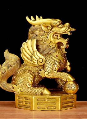 铜麒麟摆件一对纯铜麒麟踩八卦麒麟办公室客厅装饰品乔迁开业礼品