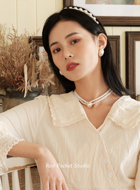 红口袋 双层珍珠项链法式复古新娘婚纱配饰赫本风晚宴写真锁骨链