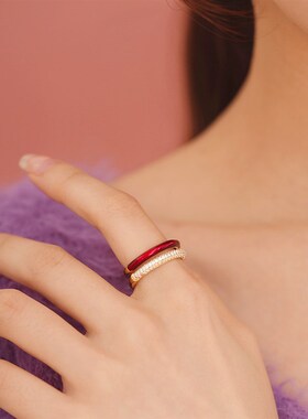 A红戒指开口新年圣诞闺蜜结婚礼物配饰戒指女小众设计独特几何仙