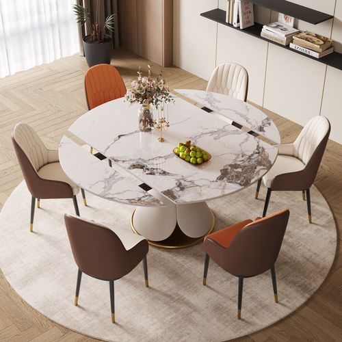 奶油风旋转岩板餐桌椅伸缩折叠圆形饭桌现代简约小户型极简圆桌 - 图1