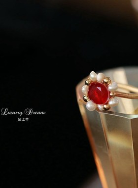 陌上芊 复古珍珠手工编织指环 开口戒指女个性时髦食指戒