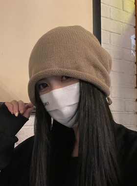 黑色堆堆毛线帽女秋冬显脸小月子包头冷帽日系百搭氛围感针织帽子