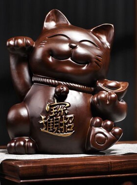 木雕摆件招财猫实木质雕刻店铺店面开业收银台摆设红木头工艺礼品