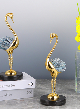 新中式客厅玄关酒柜天然水晶石丹顶仙鹤家居摆件轻奢动物软装饰品