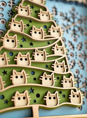 梯木叠雕招财猫圣诞桌面创意小摆件治愈系客厅酒柜装饰品乔迁礼物