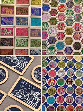 傣绣冰箱贴配件DIY圆形画框装裱刺绣字木片手工扎染冰箱贴配件