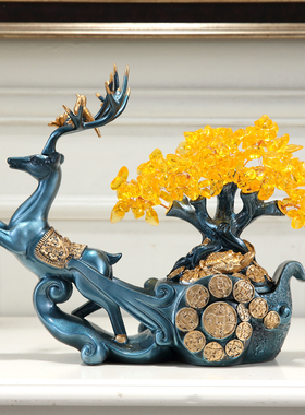开业礼品摆件创意鹿招财水晶发财摇钱树客厅装饰乔迁新居店铺送礼