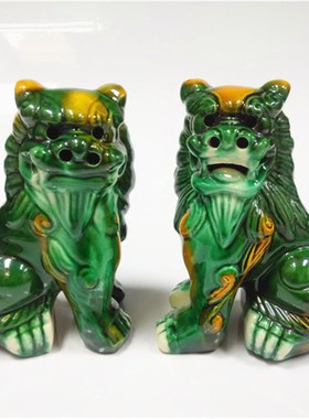 唐三彩陶瓷狮子吉祥工艺摆件仿古色釉对狮家居客厅园林装饰品