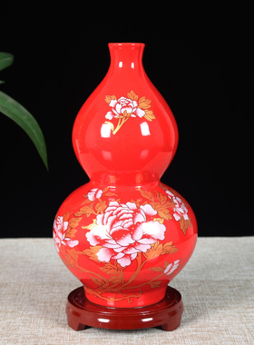 景德镇陶瓷器中国红花瓶摆件中式家居酒柜装饰品客厅插干花工艺品