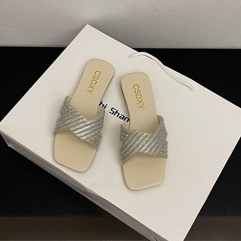 大码女鞋41一43法式水钻平底方头一字拖鞋女仙女风配裙子气质凉拖,淘宝优惠券,粉丝福利购,淘宝优惠卷