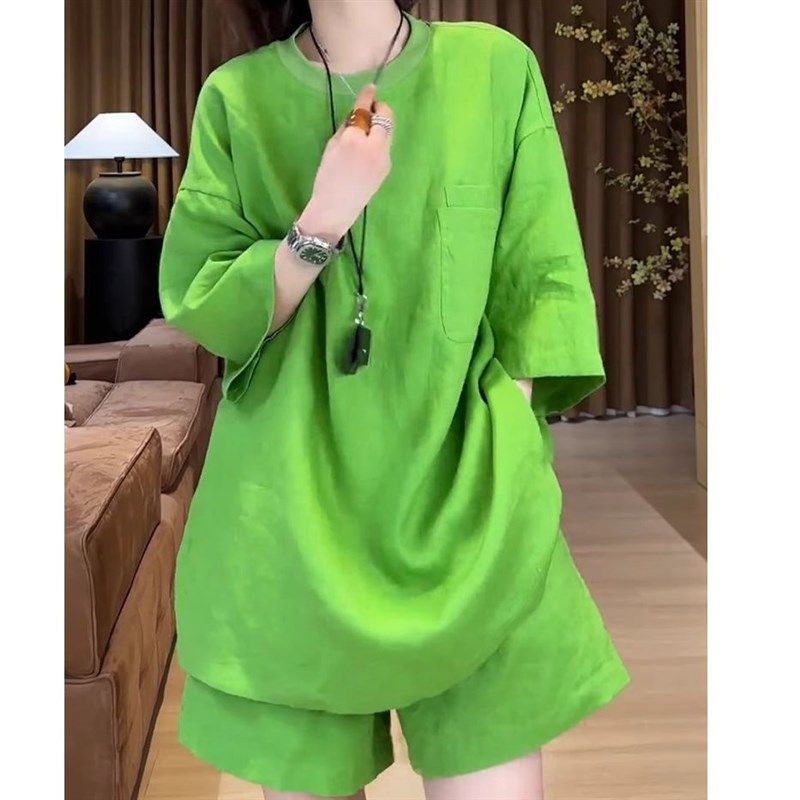 欧货大码短袖T恤棉麻套装女夏季宽松半袖上衣阔腿短裤亚麻两件套,淘宝优惠券,粉丝福利购,淘宝优惠卷