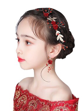 儿童头饰红色玫瑰花女童发饰宝宝生日配饰花童耳环女孩演出饰品