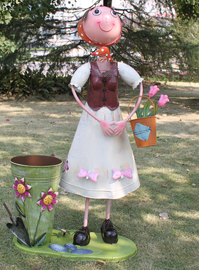 北欧创意铁皮娃娃卡通落地插干花装饰品户外花盆天鹅摆件庭院花园