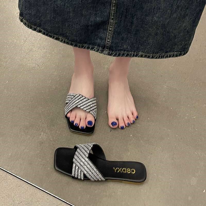 大码女鞋41一43法式水钻平底方头一字拖鞋女仙女风配裙子气质凉拖,淘宝优惠券,粉丝福利购,淘宝优惠卷