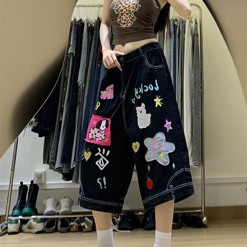 超大尺寸肥胖毫米减少年龄的多功能卡通印花直牛仔短裤为妇女黑色,淘宝优惠券,粉丝福利购,淘宝优惠卷