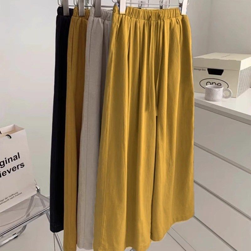 夏季2025新款小个子简约复古凉凉裤子老钱风姜黄色亚麻阔腿裤女潮,淘宝优惠券,粉丝福利购,淘宝优惠卷