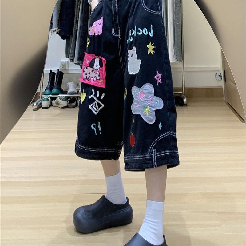 超大尺寸肥胖毫米减少年龄的多功能卡通印花直牛仔短裤为妇女黑色,淘宝优惠券,粉丝福利购,淘宝优惠卷