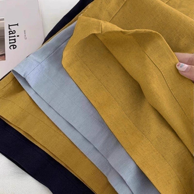 夏季2025新款小个子简约复古凉凉裤子老钱风姜黄色亚麻阔腿裤女潮,淘宝优惠券,粉丝福利购,淘宝优惠卷