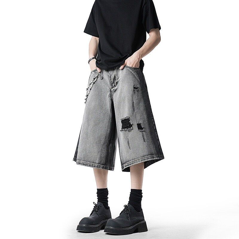 水洗扎染破洞牛仔短裤男夏季宽松阔腿七分裤直筒休闲中裤高街裤子,淘宝优惠券,粉丝福利购,淘宝优惠卷