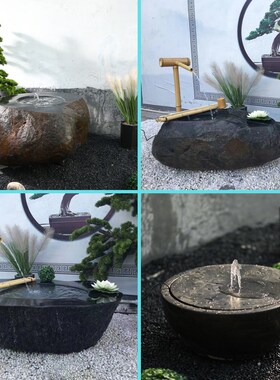 中式禅意户外日式景观摆件新石钵石盆庭院养鱼池流水水钵盆黑山石