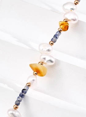 S925银时尚天然珍珠蓝点石密蜡项链