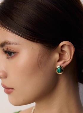 S925银时尚简约孔雀石耳环耳钉