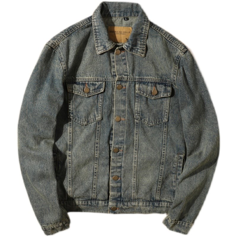 Japanese quality vintage dirty washed stonewashed men's denim jacket classic short men's and women's casual jacket