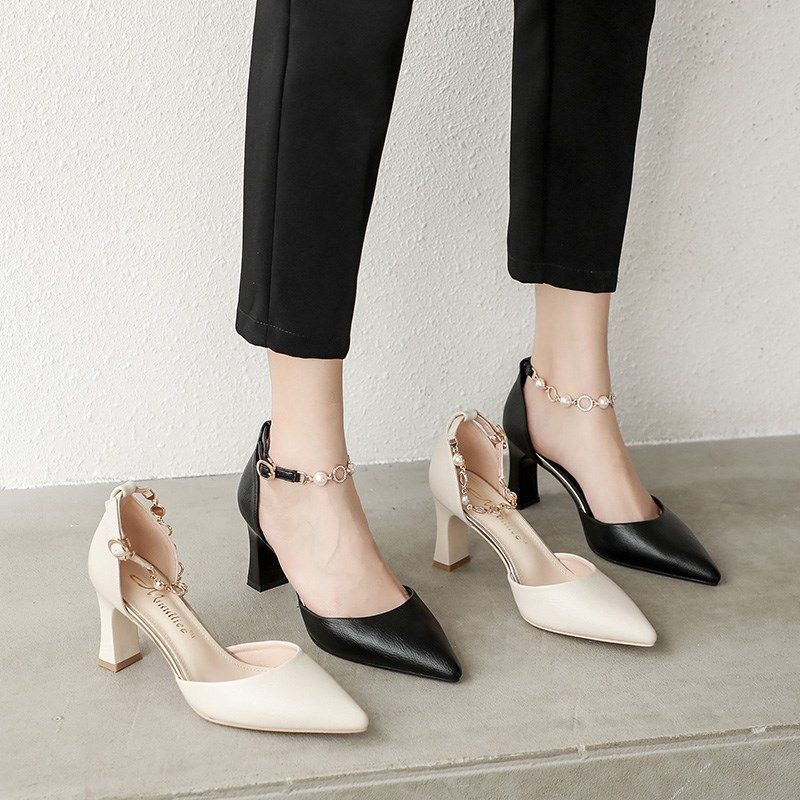 米白色粗跟包头凉鞋女高跟鞋2024春夏季中跟5cm尖头一字带7cm单鞋,淘宝优惠券,粉丝福利购,淘宝优惠卷