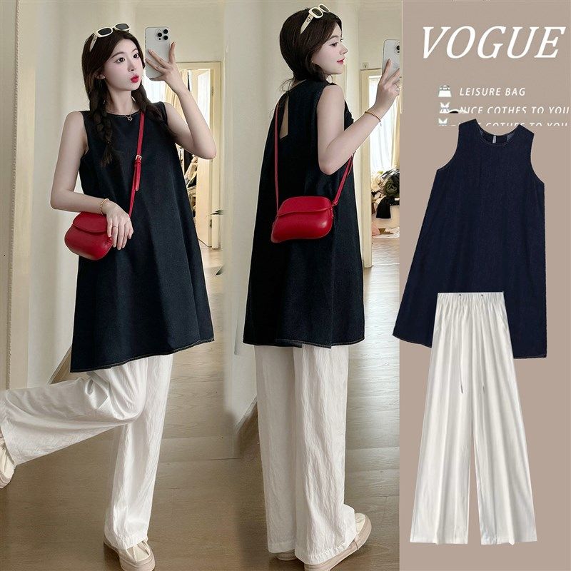 孕妇夏装套装宽松a字牛仔背心短裙2024新款休闲阔腿裤夏季两件套,淘宝优惠券,粉丝福利购,淘宝优惠卷