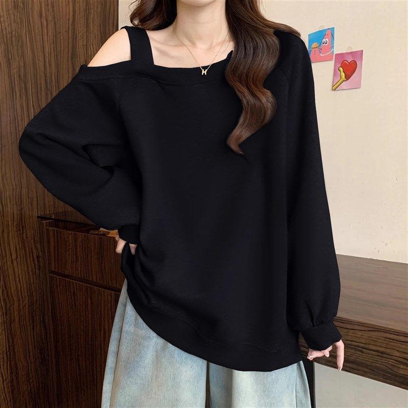 美式复古黑色斜肩卫衣女春秋新款大码洋气宽松慵懒风露肩长袖上衣,淘宝优惠券,粉丝福利购,淘宝优惠卷