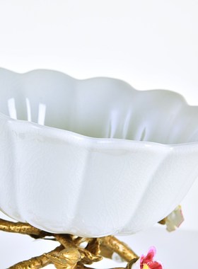 欧式美式新古典奢华铜瓷果盘高档装饰果盘饰品摆件软装样板房摆设