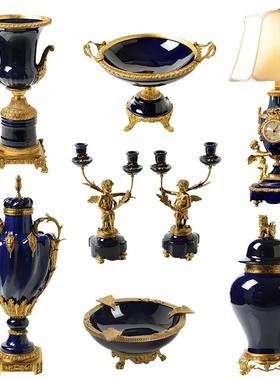 欧式美式陶瓷配铜宝蓝色摆件高端奢华摆设品别墅软装花瓶果盘