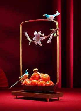 黄铜《百合喜事》花篮柿子喜鹊摆件家居新婚吉祥礼品玄关桌面送礼