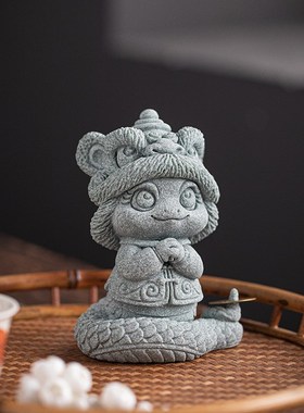 新中式招财眼镜王蛇献宝茶宠摆件舞狮灵蛇鱼缸盆栽造景桌面装饰品
