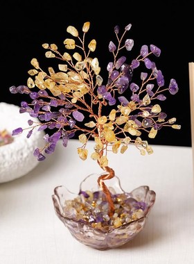 天然黄水晶碎石发财树玛瑙滚石底座聚宝盆家居客厅办公室招财摆件