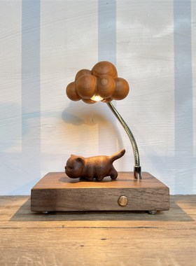 木雕猫咪元素充电小夜灯桌面装饰木质创意礼品原木制实木夜灯摆件