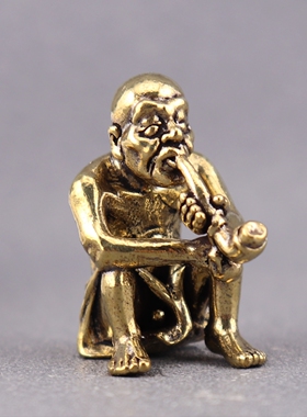 纯黄铜蹲坐抽烟老头烟酒老人复古文创礼物装饰桌面茶宠工艺品摆件
