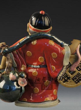 中式吉祥童子夫妻客厅门s厅博古架玄关酒柜石湾公仔陶瓷手工摆件