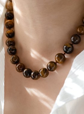 美拉德风~复古高级天然虎眼石串珠项链女潮人配饰卫衣不掉色礼物