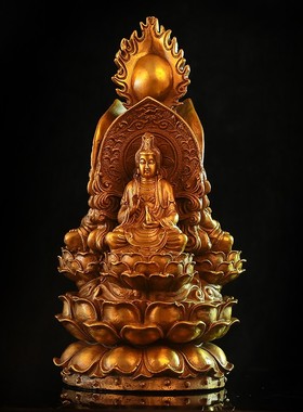 纯黄铜 婆娑三圣三面佛 供奉神像释迦摩尼佛祖观音地藏王菩萨摆件