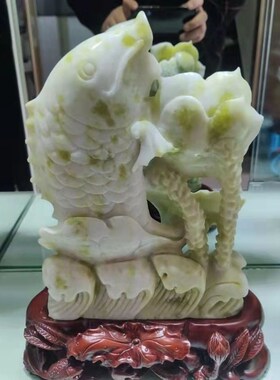 天然蓝田玉岫岩玉石连年有鱼莲鲤鱼办公室客工艺品摆饰