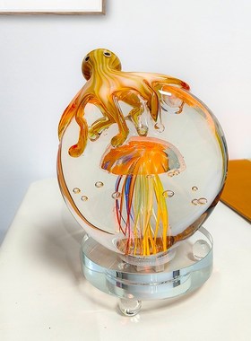 琉璃工艺品水母章鱼可发光水晶球夜光灯北欧现代客厅玄关书房摆件