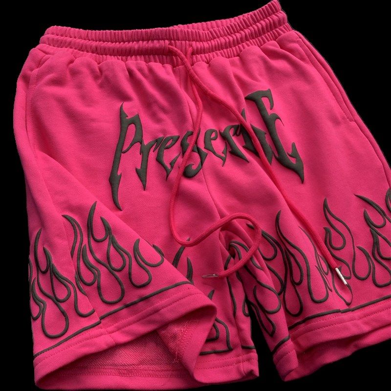 玫红色短裤男2024新款美式重磅毛圈运动裤夏季红色篮球宽松休闲裤,淘宝优惠券,粉丝福利购,淘宝优惠卷