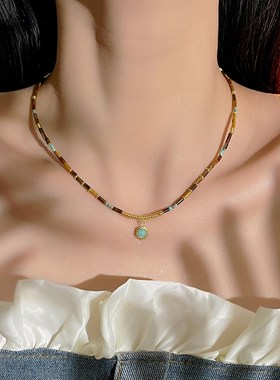 十里间【彩斑】文艺淡水珍珠民族风彩色天然石串珠项链双层锁骨链