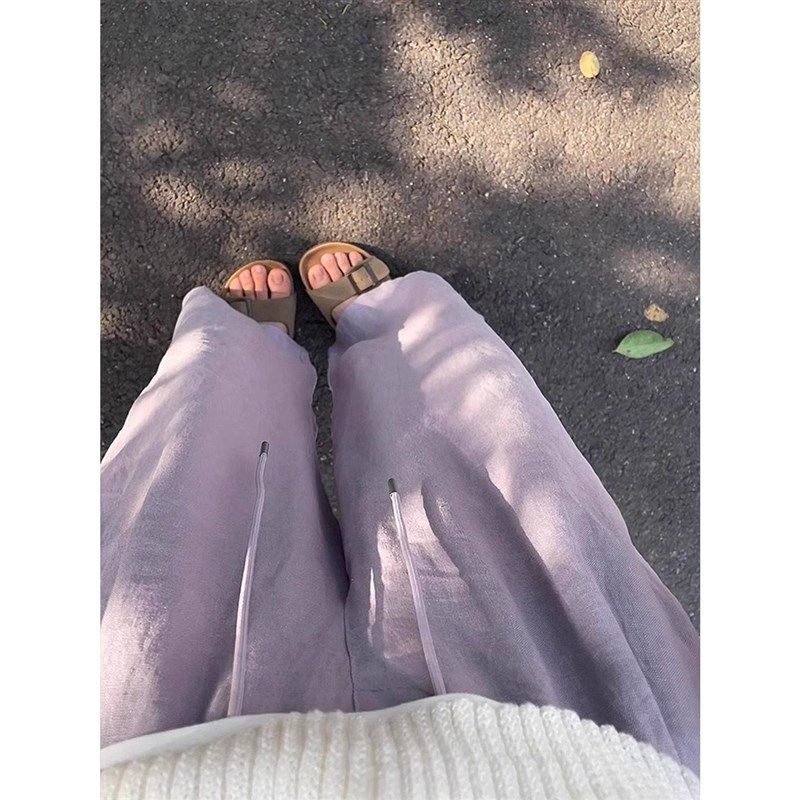 紫色松弛感宽松棉麻休闲裤子女夏季薄款抽绳慵懒风垂感直筒阔腿裤,淘宝优惠券,粉丝福利购,淘宝优惠卷