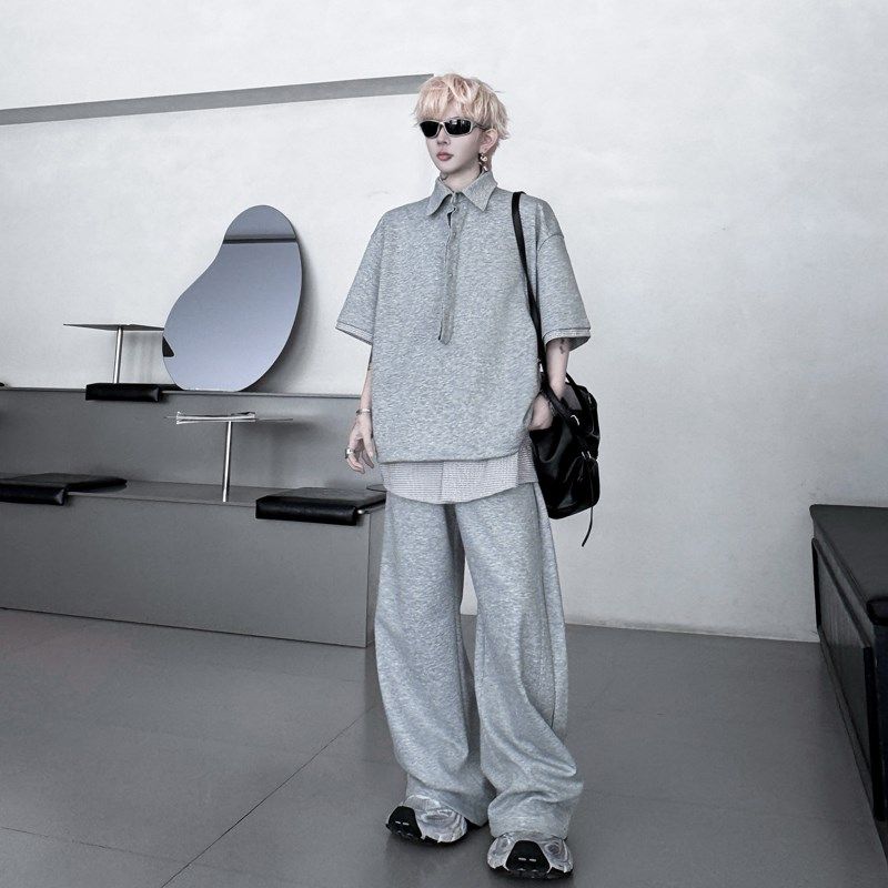 夏装翻领钮扣假两件拼接衬衫领小众短袖卫衣套装阔腿卫裤两件套潮,淘宝优惠券,粉丝福利购,淘宝优惠卷