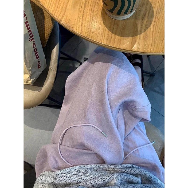 紫色松弛感宽松棉麻休闲裤子女夏季薄款抽绳慵懒风垂感直筒阔腿裤,淘宝优惠券,粉丝福利购,淘宝优惠卷