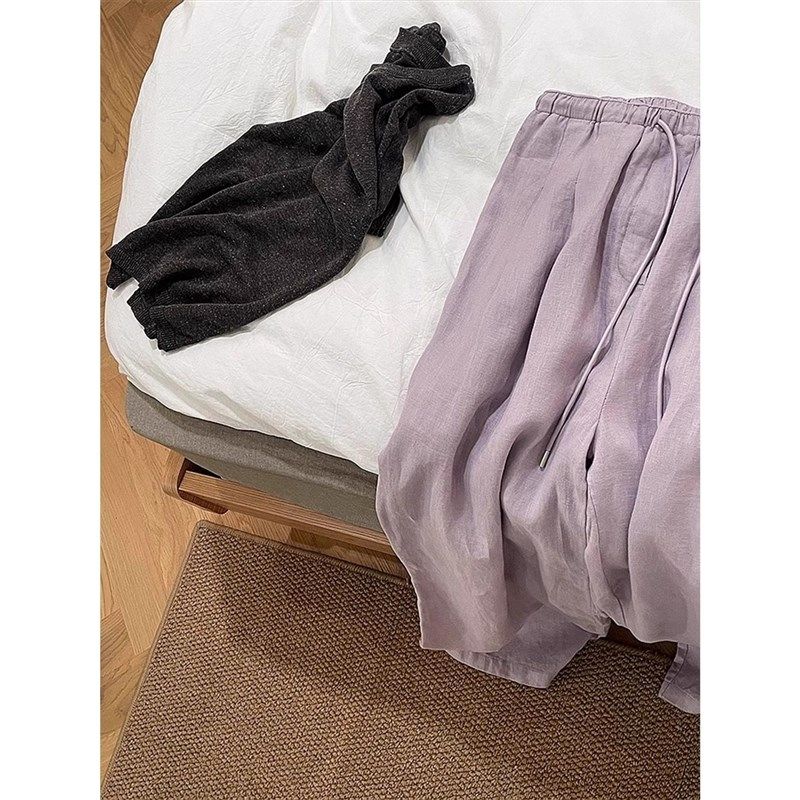 紫色松弛感宽松棉麻休闲裤子女夏季薄款抽绳慵懒风垂感直筒阔腿裤,淘宝优惠券,粉丝福利购,淘宝优惠卷