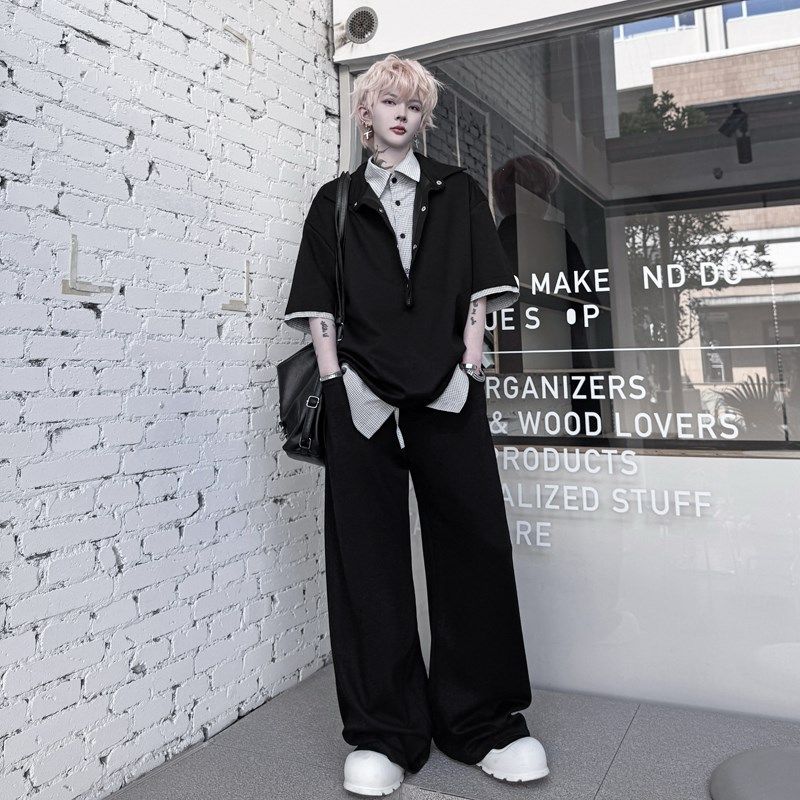 夏装翻领钮扣假两件拼接衬衫领小众短袖卫衣套装阔腿卫裤两件套潮,淘宝优惠券,粉丝福利购,淘宝优惠卷