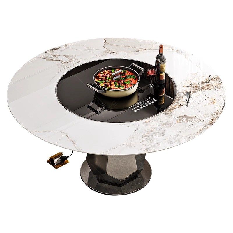 岩板餐桌家用轻奢多功能内嵌转盘暖菜板电磁炉一体圆形餐桌椅组合,淘宝优惠券,粉丝福利购,淘宝优惠卷